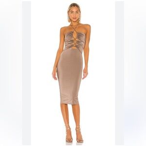 MICHAEL COSTELLO X REVOLVE Strapless Taupe Cut Out Midi Dress. Size S